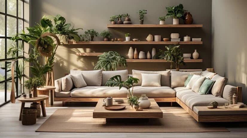 Lichte woonkamer met houten hoekbank, lichte kussens en planten